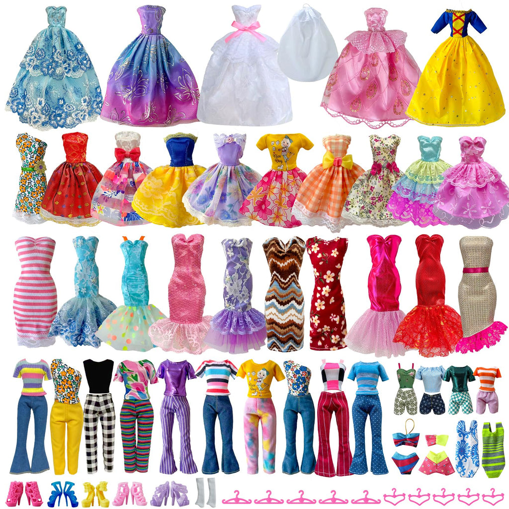 35 Pieces Doll Clothes and Accessories for 11.5 Inch Girl Dolls, Random 2 Wedding Dresses, 3 Fashionable Dresses, 3 Evening Dresses, 4 Tops, 4 Pants, 2 Swimwear, 5 Shoes, 10 Hangers, Necklace, Veil