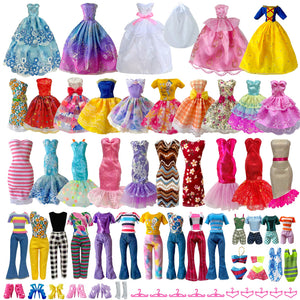 35 Pieces Doll Clothes and Accessories for 11.5 Inch Girl Dolls, Random 2 Wedding Dresses, 3 Fashionable Dresses, 3 Evening Dresses, 4 Tops, 4 Pants, 2 Swimwear, 5 Shoes, 10 Hangers, Necklace, Veil