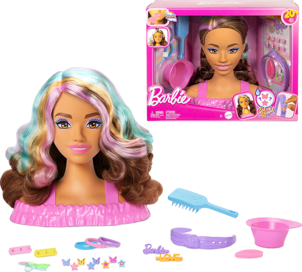Barbie Doll Styling Head, Dark Brown Hair with 20+ Hair Styling Accessories Including Star & Butterfly Color Change Hair Clips
