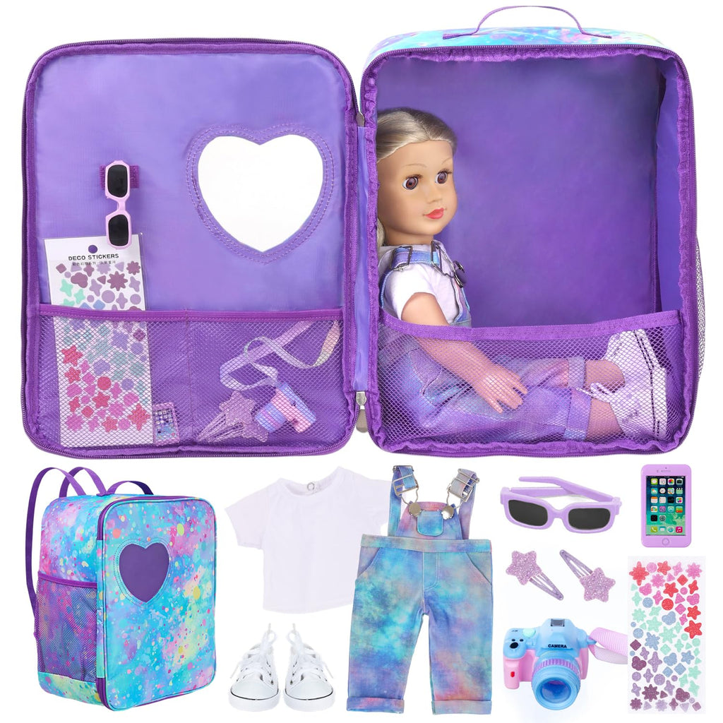 18 Inch Doll Carrier Backpack - Blue and Purple Tie-Dye Style Travel Set with Accessories