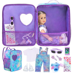 18 Inch Doll Carrier Backpack - Blue and Purple Tie-Dye Style Travel Set with Accessories