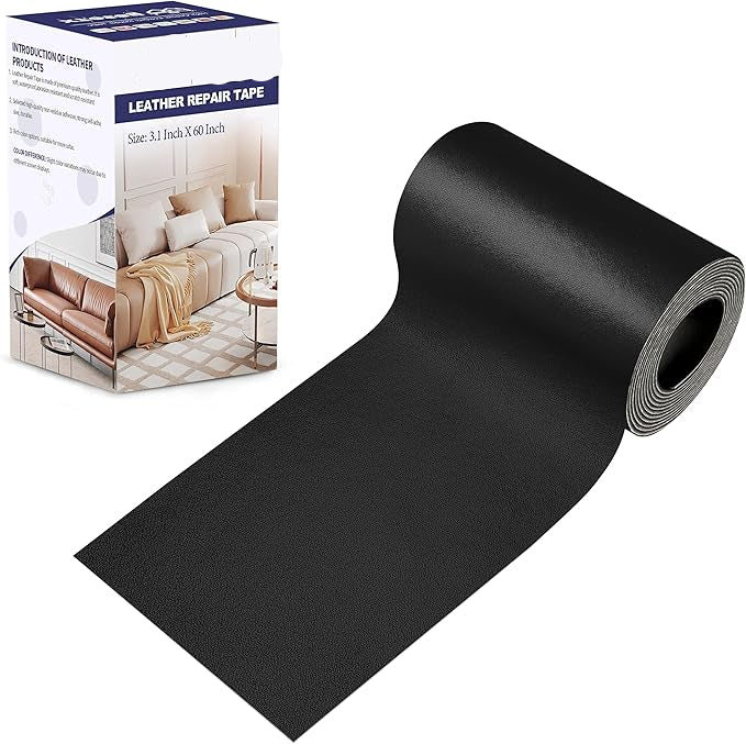 Roll of black leather repair tape with Rosezx packaging in the background