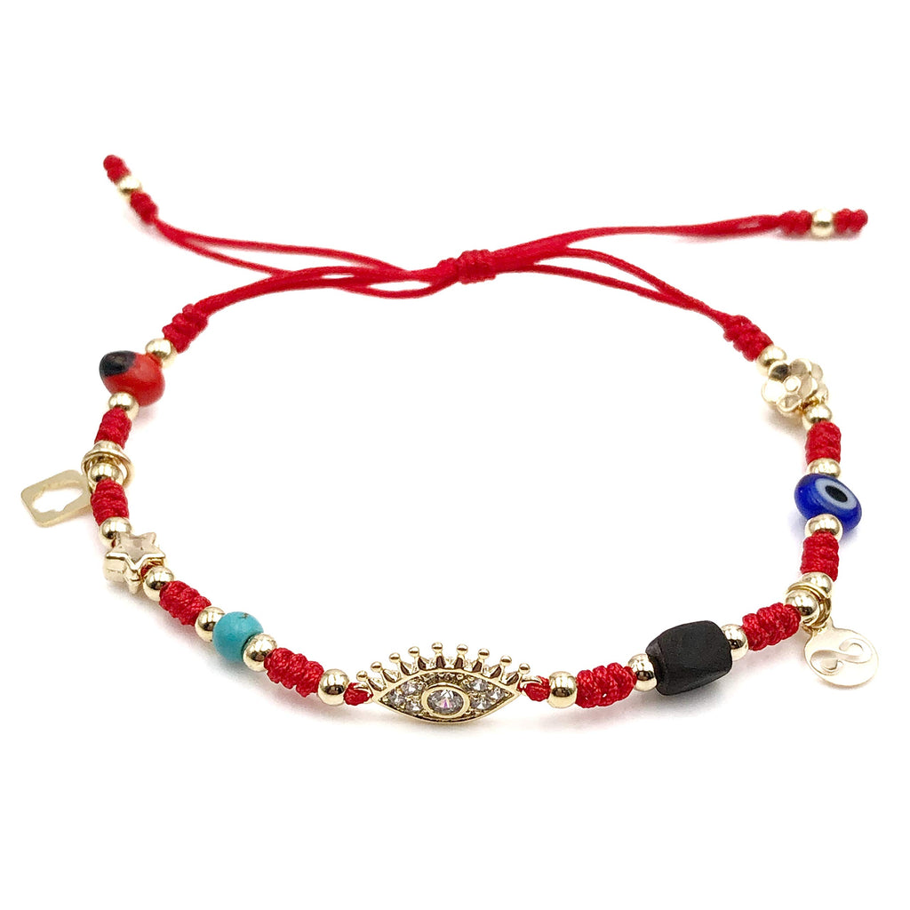 CRUZONE Multi-talisman Charms Bracelet for Women Evil Eye Dainty Peonia Seed Beads Genuine Azabache Jet Stone and Blue Evil Eye Bead Red String.