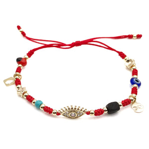 CRUZONE Multi-talisman Charms Bracelet for Women Evil Eye Dainty Peonia Seed Beads Genuine Azabache Jet Stone and Blue Evil Eye Bead Red String.