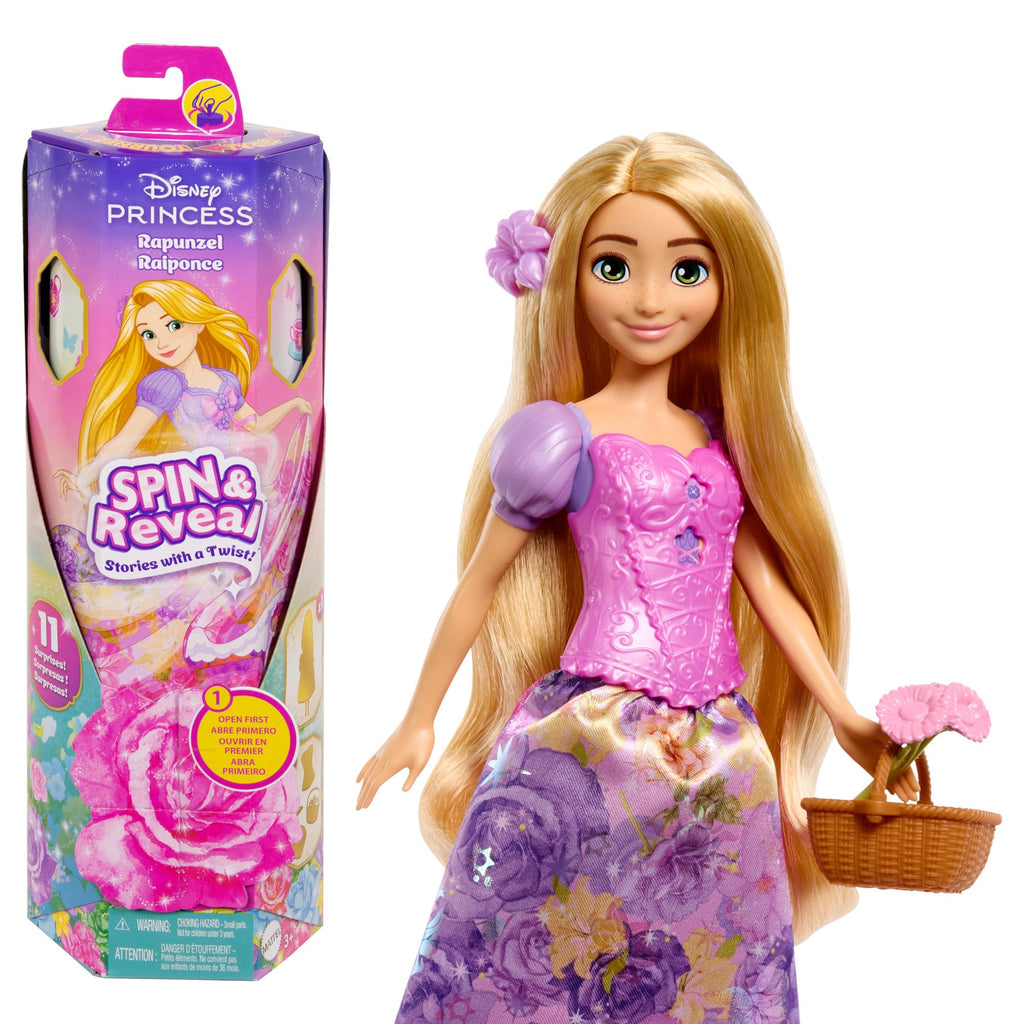 Mattel Disney Princess Rapunzel Fashion Doll Set, Spin & Reveal with 11 Surprises Including 5 Accessories, 5 Stickers & Play Scene, Inspired by Movie