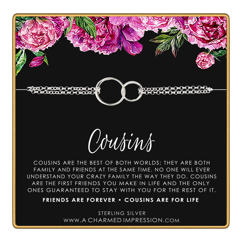 A Charmed Impression Sterling Silver Interlocking Circles Bracelet with Cousin Tribe Card - 925 Family Link Gift for Women