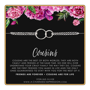 A Charmed Impression Sterling Silver Interlocking Circles Bracelet with Cousin Tribe Card - 925 Family Link Gift for Women
