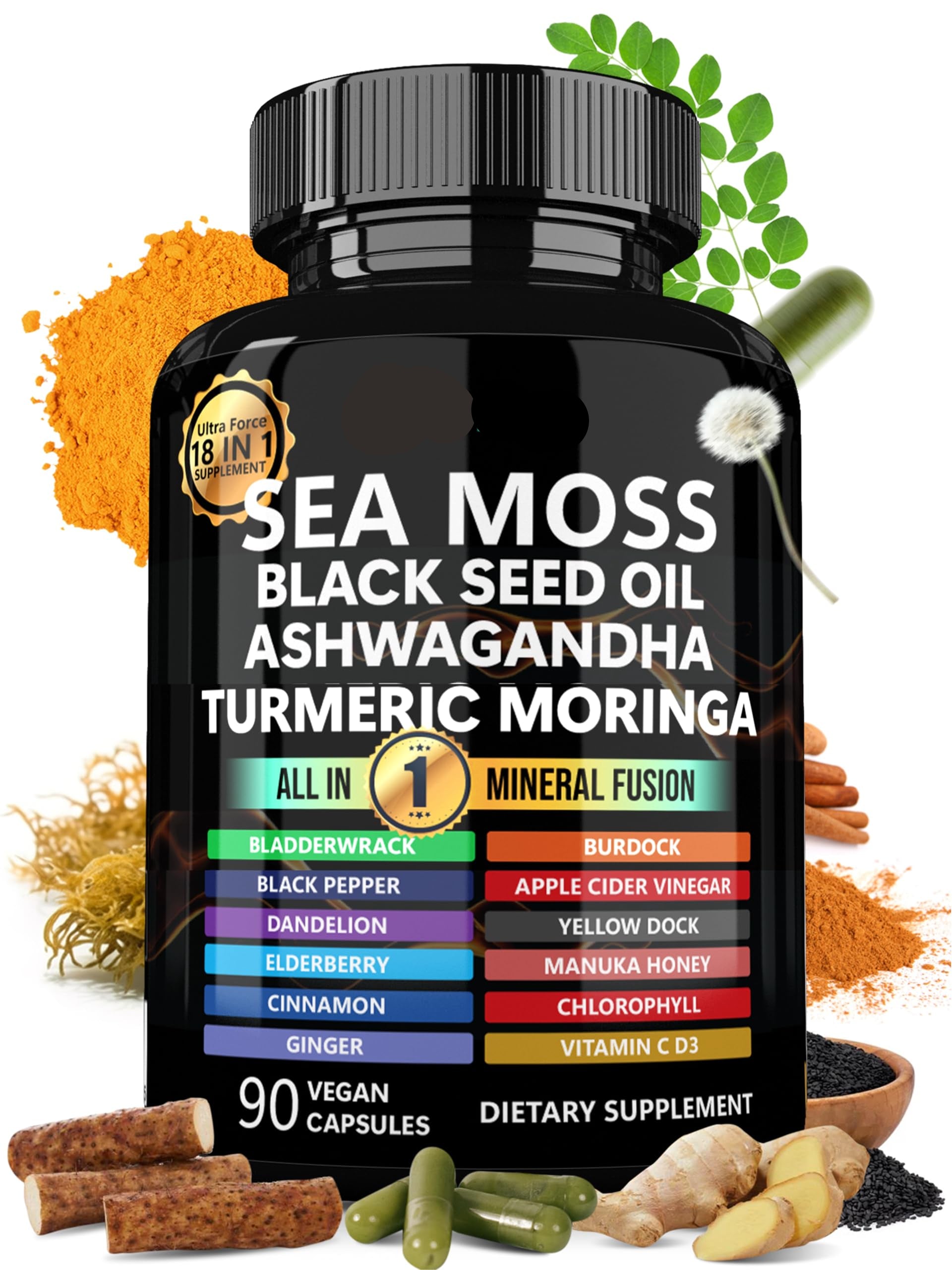 Supplement bottle with ingredients listed on a white background