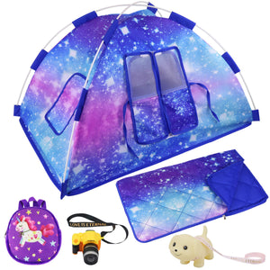 Ecore Fun 5 Items 18 inch Dolls Camping Tent Set and Accessories Including 18 Inch Girl Doll Tent, Sleeping Bag, Backpack, Toy Camera and Dog