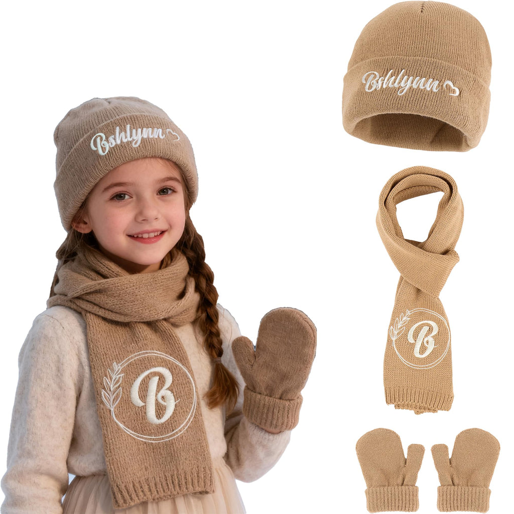 Personalized Embroidery Baby Beanie Mittens Scarf Set with Name, Custom Toddlers Winter Keep Warm 3 Pcs for Girls Boys, Knitting Toddler Hat & Glove Sets, Gifts for Birthday Christmas