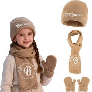 Personalized Embroidery Baby Beanie Mittens Scarf Set with Name, Custom Toddlers Winter Keep Warm 3 Pcs for Girls Boys, Knitting Toddler Hat & Glove Sets, Gifts for Birthday Christmas
