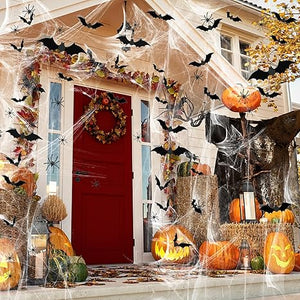 Famoby 1200 sqft Halloween Spider Webs and 120pcs Fake Bats and 50pcs Fake Spiders Super Stretch Cobwebs Party Decorate for Halloween Theme Indoor and Outdoor Decoration