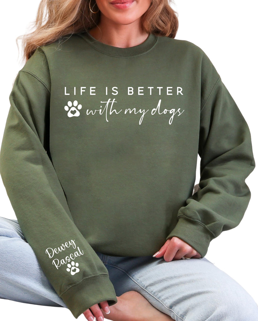 Personalized Dog Mom Sweatshirt Custom Life is Better with My Dogs Sweatshirt for Women Pet Name Crewneck Pullover Dog Lover Gifts with Paw Print for Fur Mama Multi Color