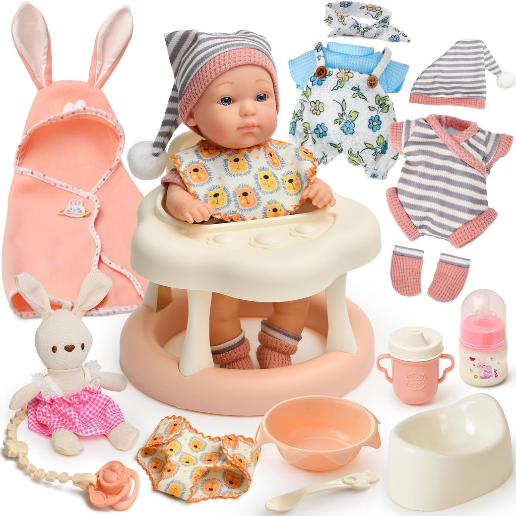 Baby Doll Accessories Set for Girls, 9'' Baby Doll with 2 Sets Clothes Doll Walker Feeding Bottle Pacifier Diaper Blanket, Realistic Pretend Play Toys Toddler Girl Birthday Gifts 3 4 5 6
