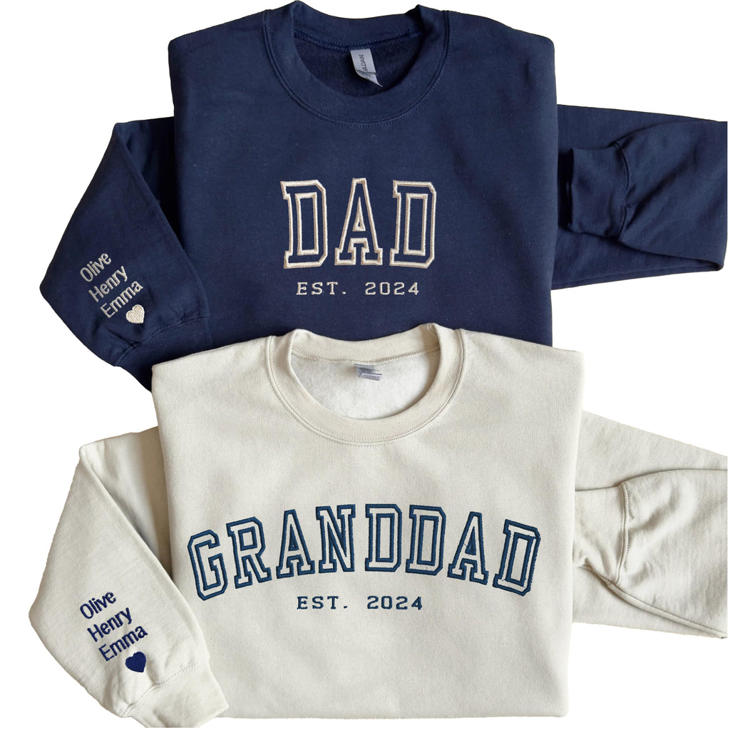 WEAR PHYSIQUE Custom Embroidered Dad Granddad Sweatshirt, Custom Grandpa Crewneck, First Father's Day Hoodie, Daddy EST Shirt, New Grandparent Dad Sweater Navy