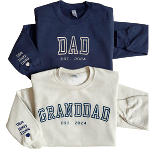 WEAR PHYSIQUE Custom Embroidered Dad Granddad Sweatshirt, Custom Grandpa Crewneck, First Father's Day Hoodie, Daddy EST Shirt, New Grandparent Dad Sweater Navy