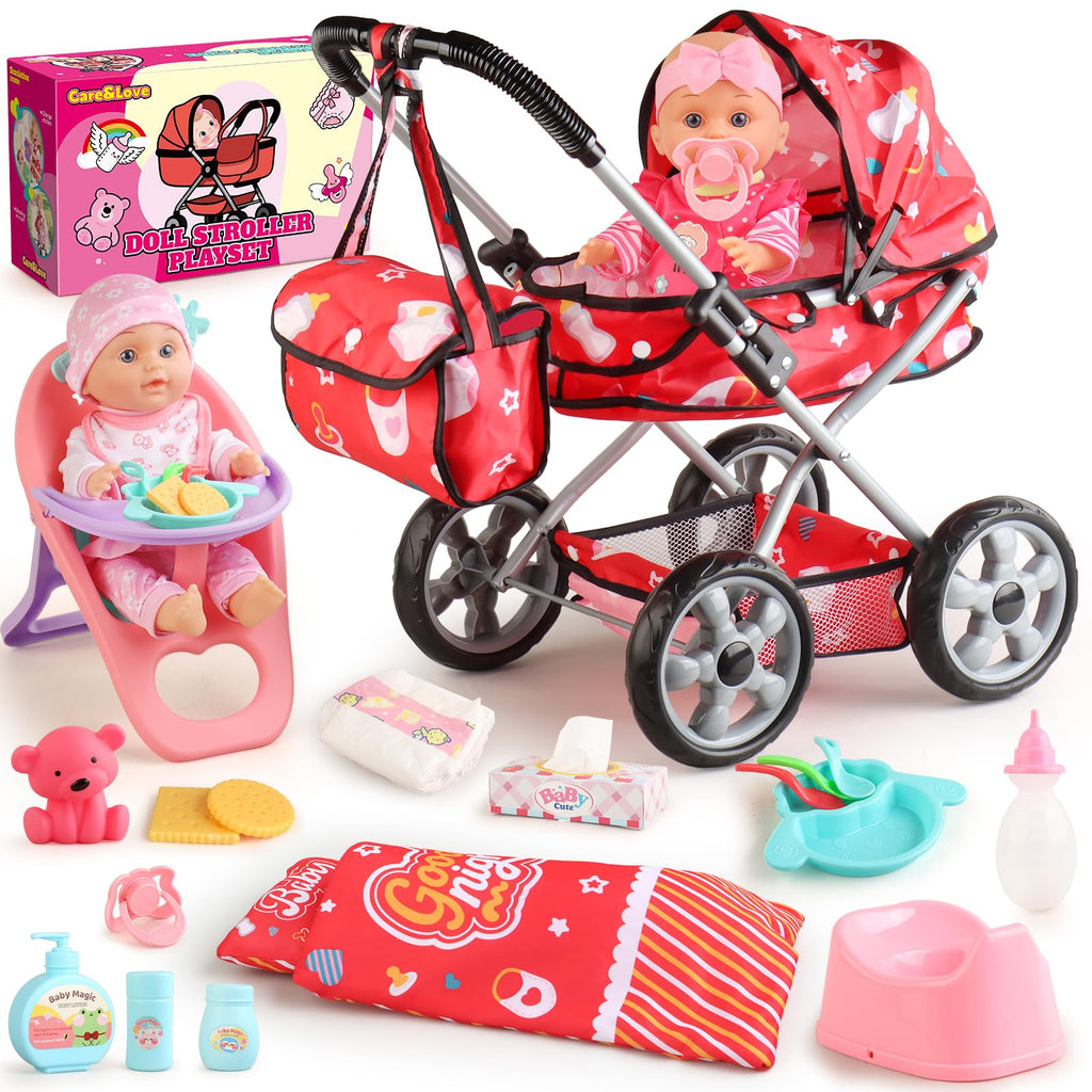 Baby Doll Stroller Set for Toddler Girls 3-5, A 12.5" Babydoll with Baby Doll Accessories, Pillow, Blanket & 2 Sets Clothes, Doll Playset Toy Stroller for Kids, Gift 3 4 5 Year Old Girl Toys
