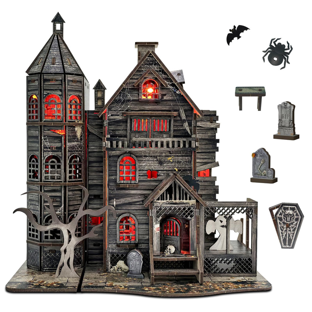 3D Wooden Puzzle Haunted House Model Set - Miniature Haunted House Kits with Led Accessories Furniture, Suitable for Adults and Teenagers to DIY Halloween Horror Doll House Craft Gifts.