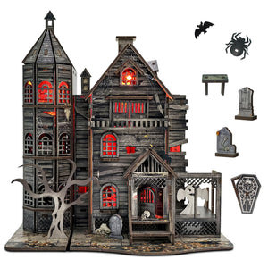 3D Wooden Puzzle Haunted House Model Set - Miniature Haunted House Kits with Led Accessories Furniture, Suitable for Adults and Teenagers to DIY Halloween Horror Doll House Craft Gifts.