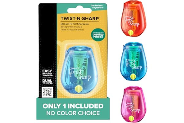 Bostitch Twist-N-Sharp pencil sharpener packaging with colorful models on a white background