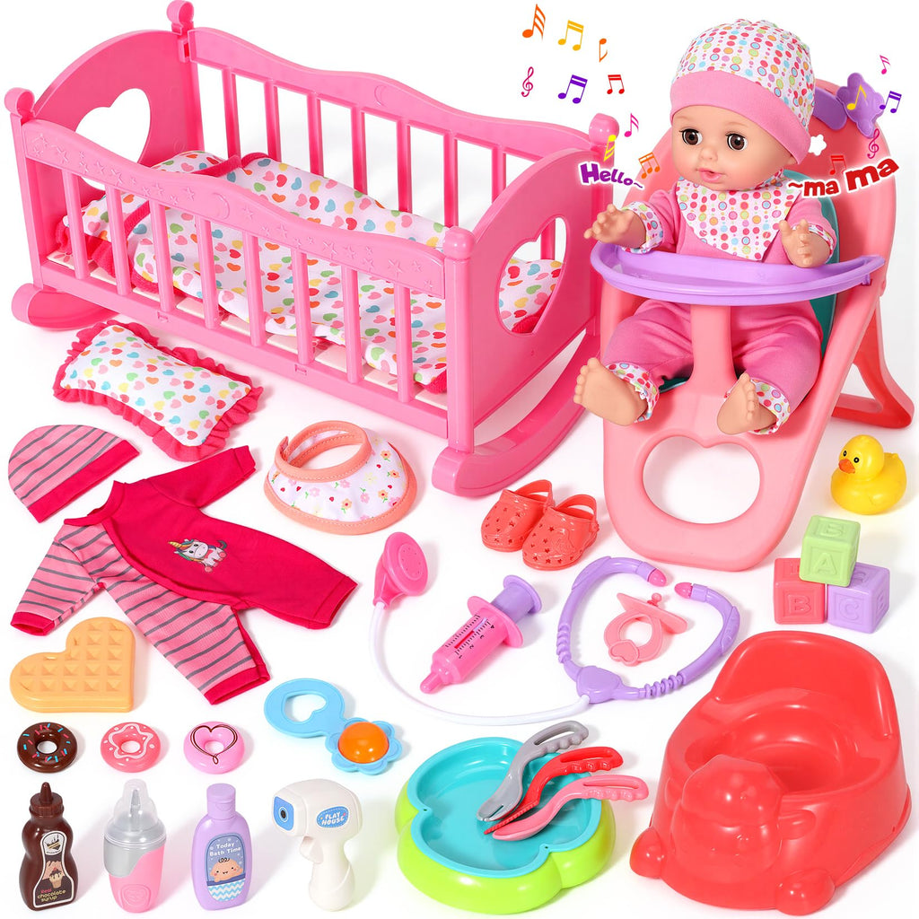 12'' Baby Doll Set with Crib and High Chair, 32 PCS Interactive Baby Doll Make 12 Sounds with Baby Doll Accessories, Doll Playset Toddler Girl Toys Birthday Gifts for 3 4 5 Years Old