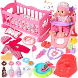 12'' Baby Doll Set with Crib and High Chair, 32 PCS Interactive Baby Doll Make 12 Sounds with Baby Doll Accessories, Doll Playset Toddler Girl Toys Birthday Gifts for 3 4 5 Years Old