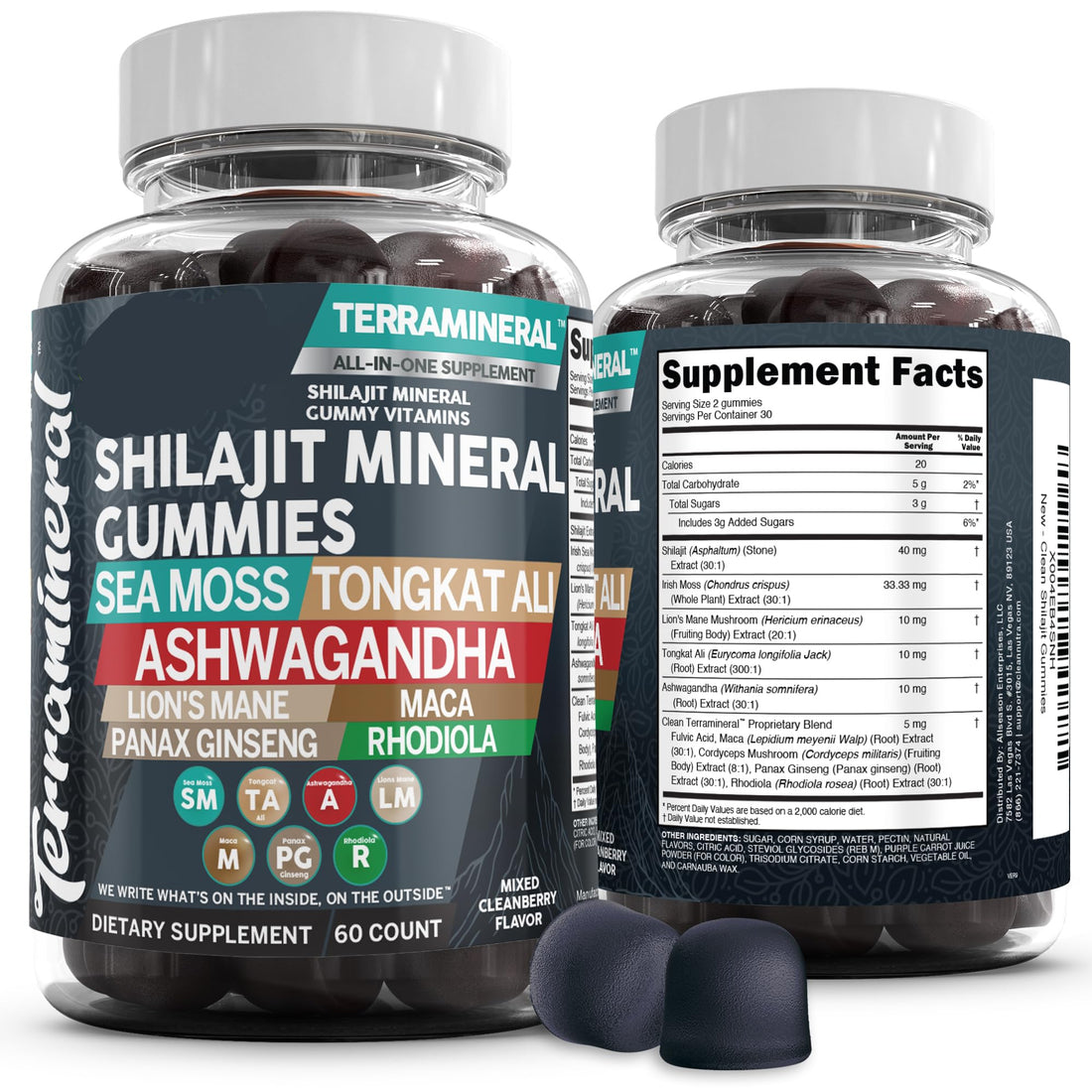Terramineral Shilajit Mineral Gummies supplement bottle with label details on a white background