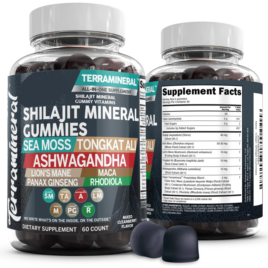 Terramineral Shilajit Mineral Gummies supplement bottle with label details on a white background