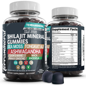 Terramineral Shilajit Mineral Gummies supplement bottle with label details on a white background