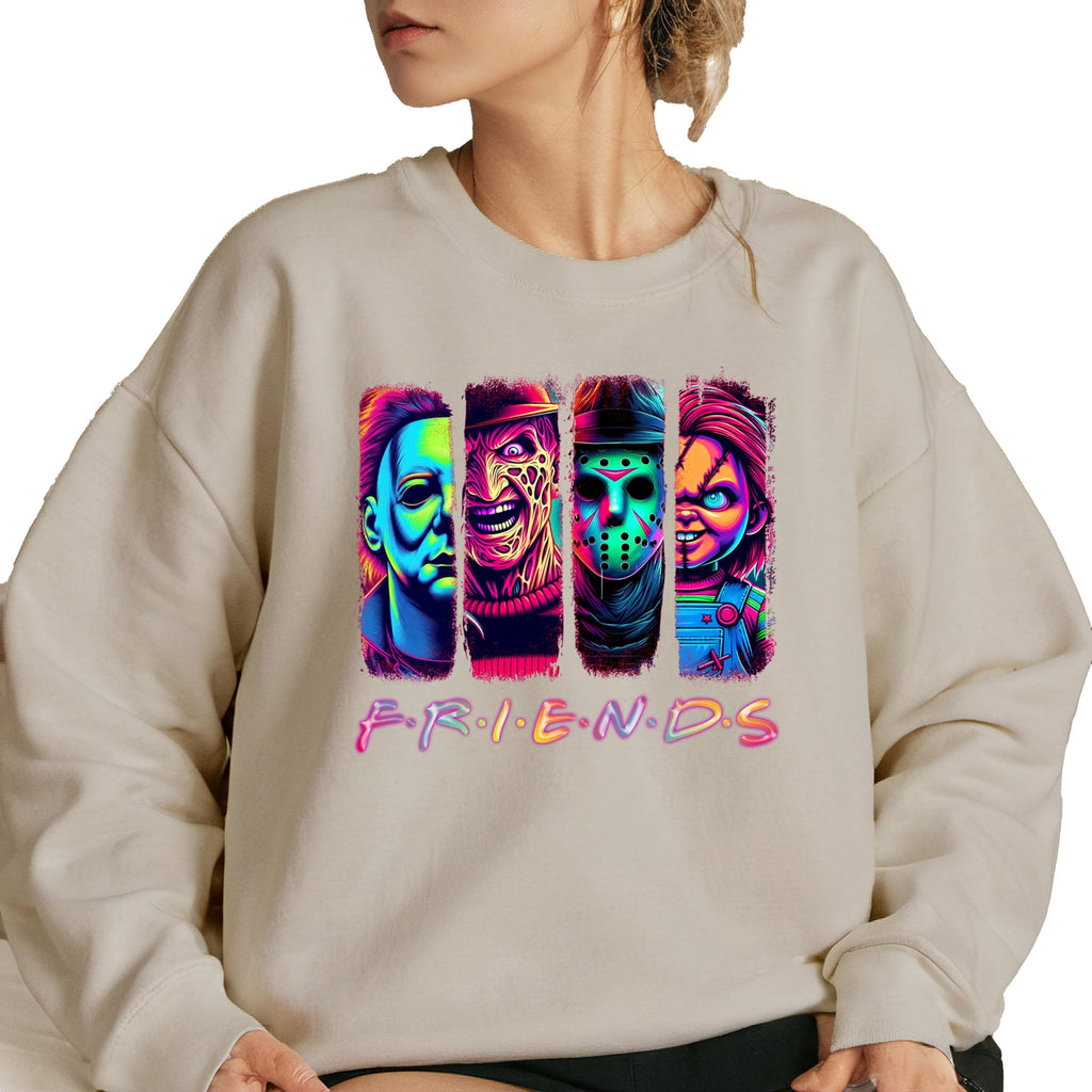 Horror Friends Neon Sweatshirt, Scary Movie K.illers Graphic Sweatshirt, Spooky Halloween Sweatshirt, Funny Matching Gift, Fall Horror Fan Shirt