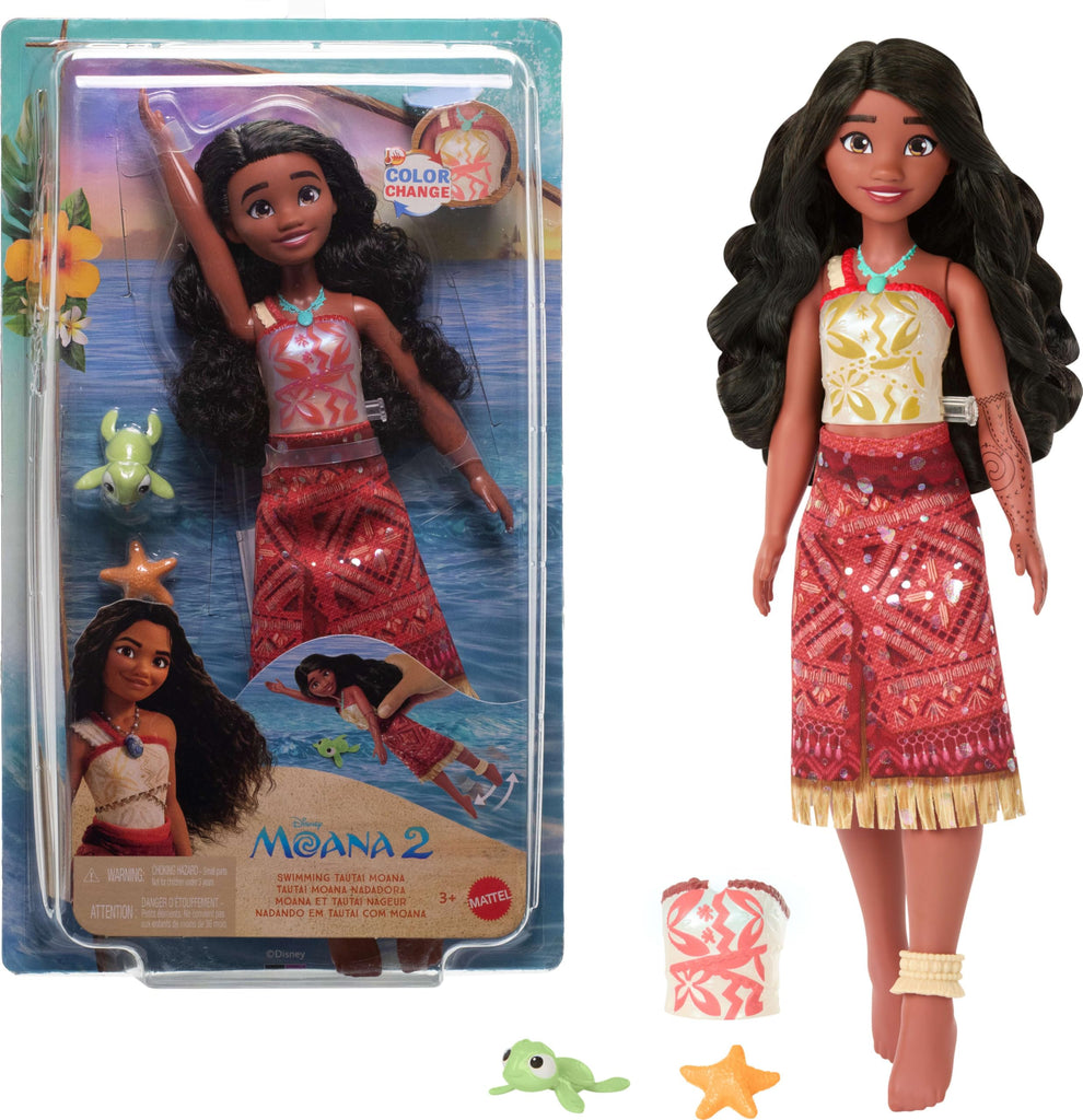 Mattel Disney Moana 2 Toys, Swimming Tautai Moana Fashion Doll with 2 Accessories, Color-Change Bodice & Kicking Legs, Inspired by The Movie