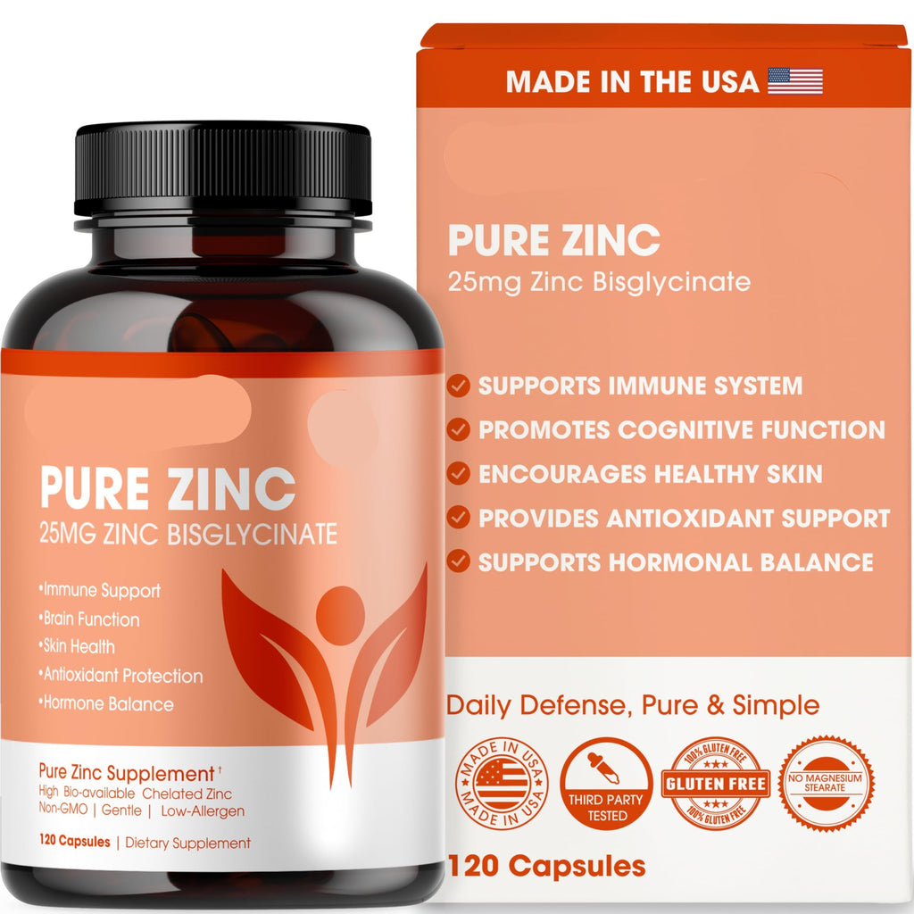Supplement bottle and packaging of Pure Zinc by Pure Micronutrients on a white background