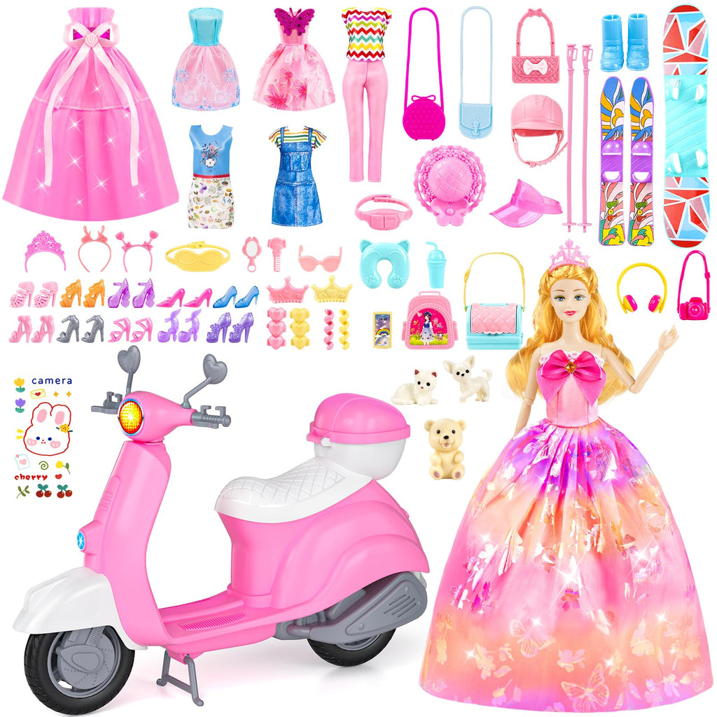 67Pcs Doll Clothes and Accessories with Doll, Motorcycle Scooter Set, Skiing Kit, Pet Set, 10 Shoes, 6 Outfits (Dress/Pants/Casual), Doll Playset Dress Up Toys for Girls Kids Toy Gifts