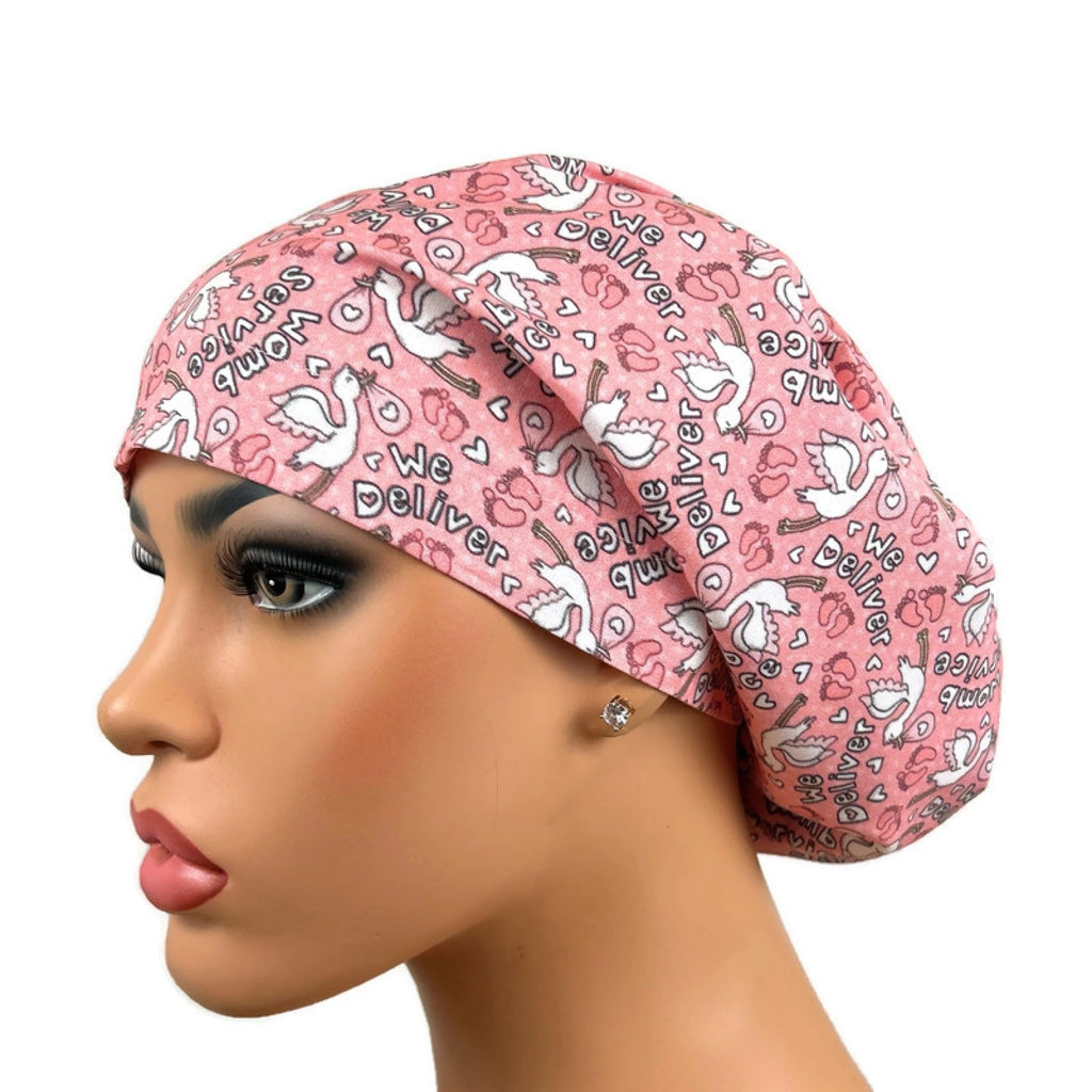 DK Scrub Hats Surgical Cap, Euro Scrub Hat, Funny Labor Delivery Nursehat, Euro Bouffant, Womb Service Pink