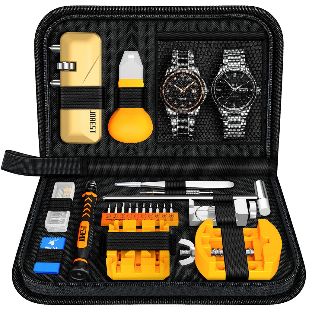 ?2024 New?JOREST Watch Repair Tool Kit, Battery Replacement & Strap Adjustment, Wrench Opening Back Cover, Case Opener, Link Remover, Bracelet Resizing, Band Pin Removal, Screwdriver, Spring Bar
