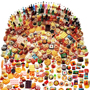 250Pcs Mini Food Miniatures Food Drinks Bottles Toys Doll House Accessories 1:12 Playset Kitchen Game Pretend Play Party Mini Things Stuff Tiny Baking Micro Hamburger Ice Cream Cake Bread
