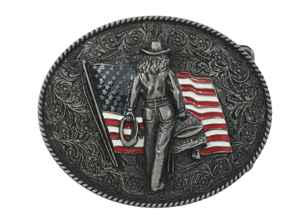 Western Cowgirl Belt Buckle American West Cow Girl USA Flag