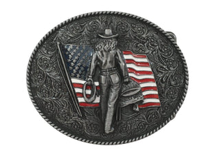 Western Cowgirl Belt Buckle American West Cow Girl USA Flag