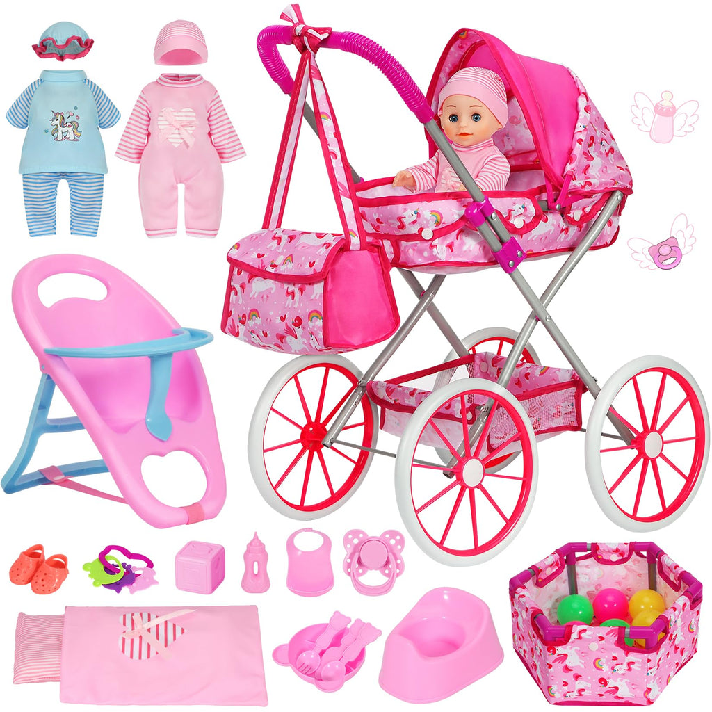 Unicorn Baby Doll Stroller Set with 11'' Baby Doll, Foldable Doll Stroller, Playpen, Dining Chair and 24 PCS Baby Doll Accessories, Doll Playset Toy for Girls Toddlers 3-5 4-6 Birthday Gifts