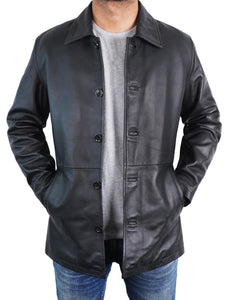STOREJEES Mens Classic Winter Leather Car Coat 3/4 Length - Button Up Real Lambskin Long Jacket