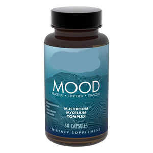 Supplement bottle labeled 'Host Defense Mushrooms MycoBenefits Mood' on a white background