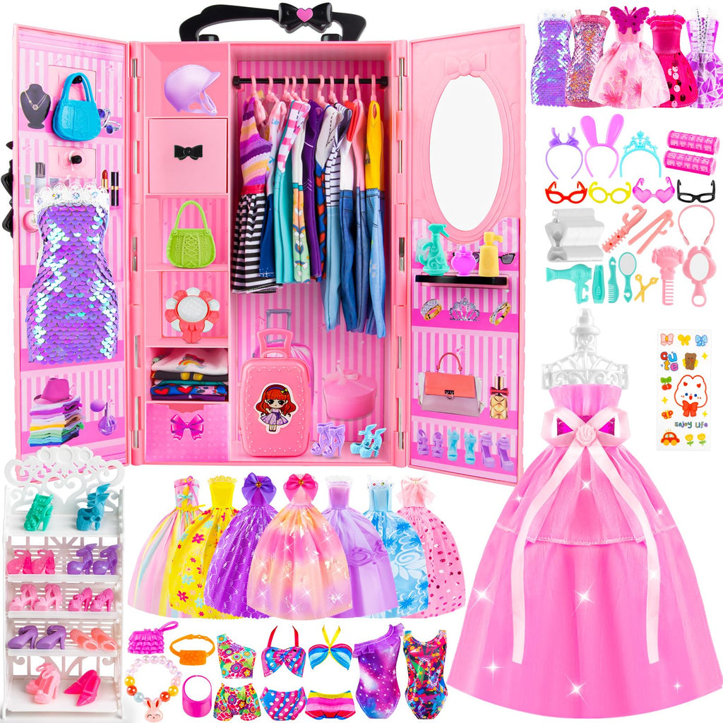 137 Pcs Doll Clothes and Accessories with Closet for 11.5 Inch Doll,Included Princess Dresses,Fashion Dresses,Casual Clothing,Swimsuits,Bags,Shoes,Doll Dress up Toys for Girls Kids Toddlers Gifts