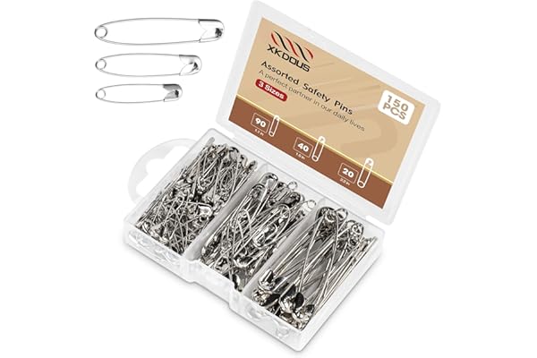XKDOUS Safety Pins - 150 Pcs Assorted Sizes Silver Pins Bulk - Small & Large Heavy Duty for Clothes, Sewing, Craft