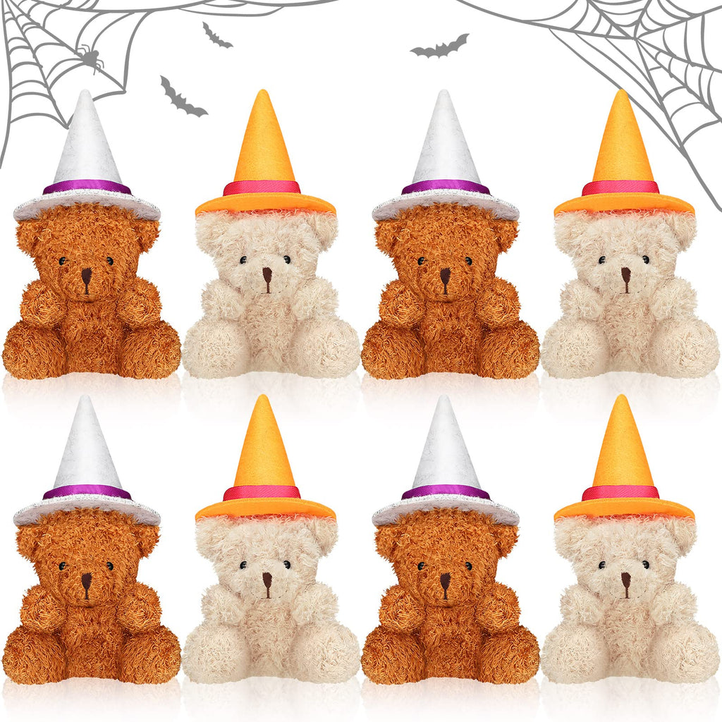 Aoriher 8 Pieces 4 Inch Halloween Mini Plush Bears with Mini Witch Hats Small Bear Stuffed Animal Toys Soft Bear Doll Wedding Present Box Stuffers for Halloween Party Baby Shower Birthday