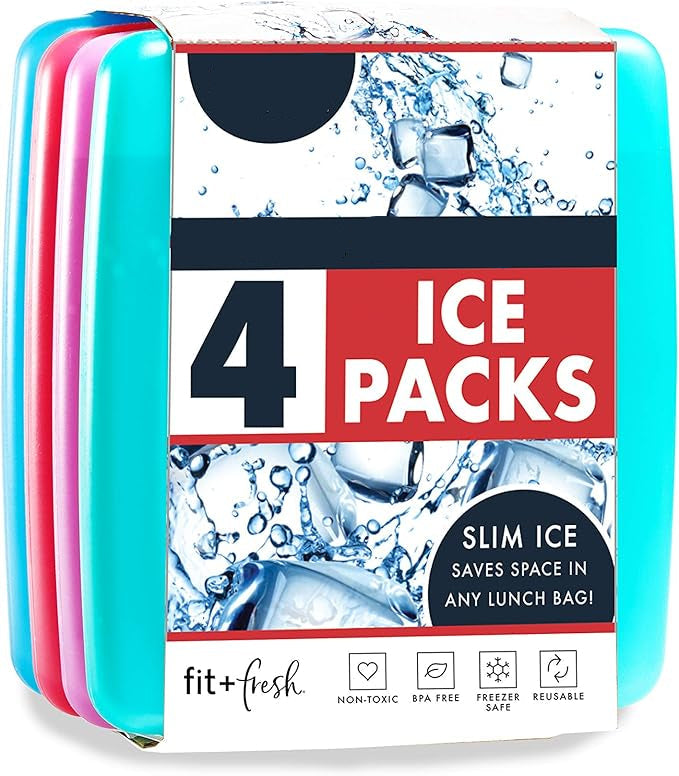 Pack of four ice packs with branding and product details on a white background