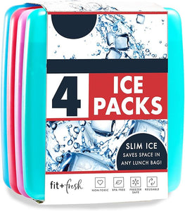 Pack of four ice packs with branding and product details on a white background