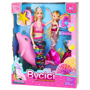 Magical Mermaid Dolls Set for Girls 4-7 - Princess Twin Dolls with Color-Changing Purple Dolphin, Summer Outfits & Sparkling Accessories (Crown, Flip Scales, Starfish Comb) Water Play Birthday Gift