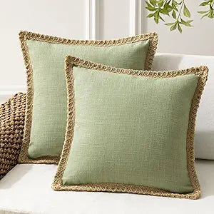 Phantoscope Pack of 2 Farmhouse Decorative Throw Decorative Pillow Cover Burlap Linen Trimmed Tailored Edges, Sage Green, 18 x 18 inches, 45 x 45 cm