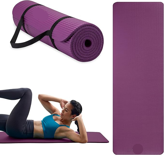 Purple exercise mat with a carrying strap, rolled up and flat, and a woman exercising on it.