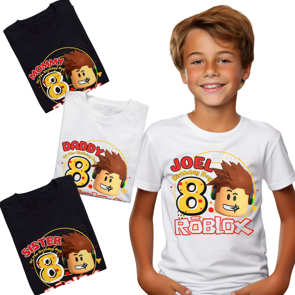 Custom Birthday Family Matching Shirts, Family Personalized Shirts, Robux Characters Birthday T-Shirts, Video Games t-Shirt, Blocks Shirt, Camiseta personalizada de Video Juegos White